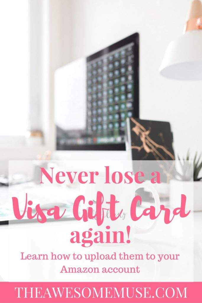 computer monitor with text: Never lose a Visa gift card again when you learn how to upload them to your Amazon account.